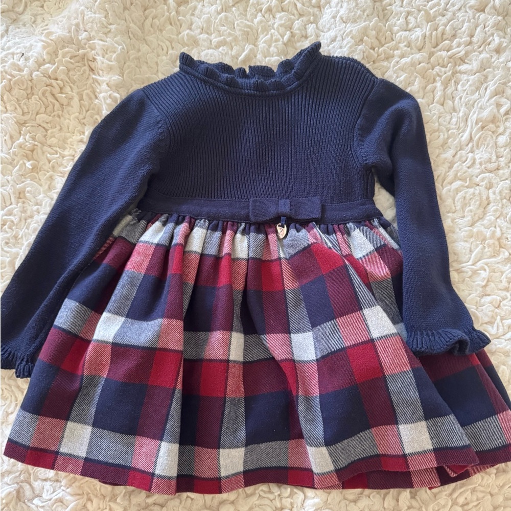 Mayoral Blue and Red Fit and Flare Holiday Dress with Cuffed Sleeves